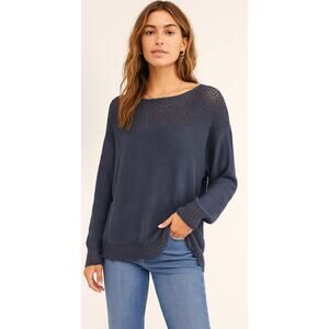 NEW Free People Swester Women XS Washed Navy Blue Crochet Open Knit Slit Boho